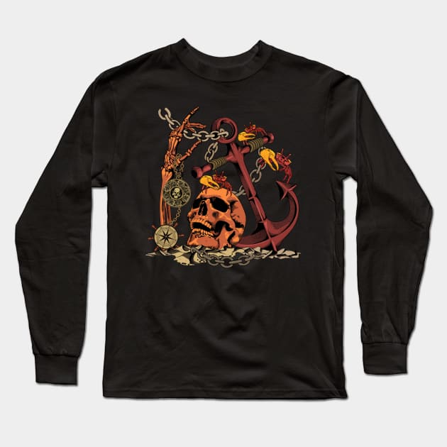 Vintage Skull Pirate Costume Halloween Long Sleeve T-Shirt by PunnyPoyoShop